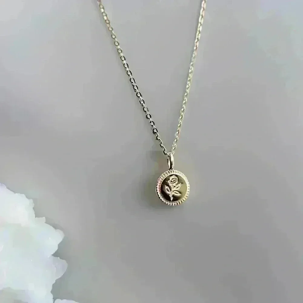 Dainty Elegant Rose Floral Round Pendant Necklace